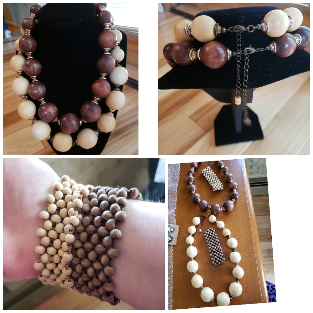 Boho Artisan Wooden Jewelry Set 2Necklaces 2 Bracelets Ivory Browns +4 Gifts New - Picture 3 of 10